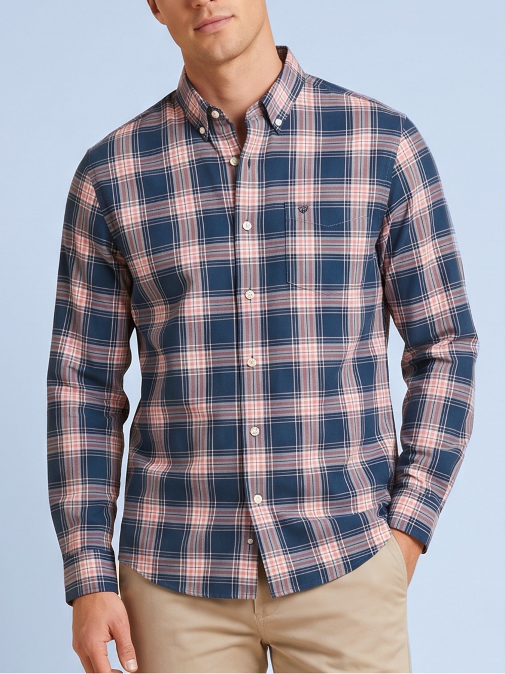 NWT Dockers Signature Comfort Flex Plaid Button Down Shirt Large Pink and Blue